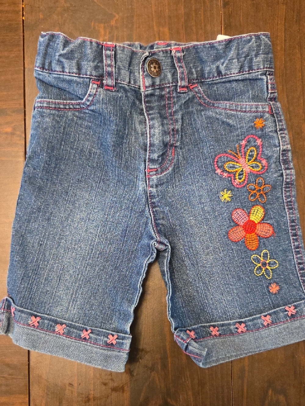 Arizona Jean Company Denim Shorts with Pink Stitching & Multicolor Embroidery